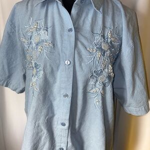 Vintage 90’s Y2K Denim Short Sleeve Shirt Beaded Embellished Embroidered Large